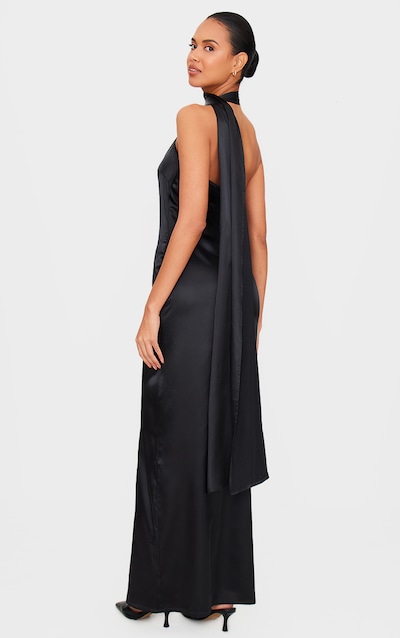 Black Satin Scarf Detail Maxi Dress