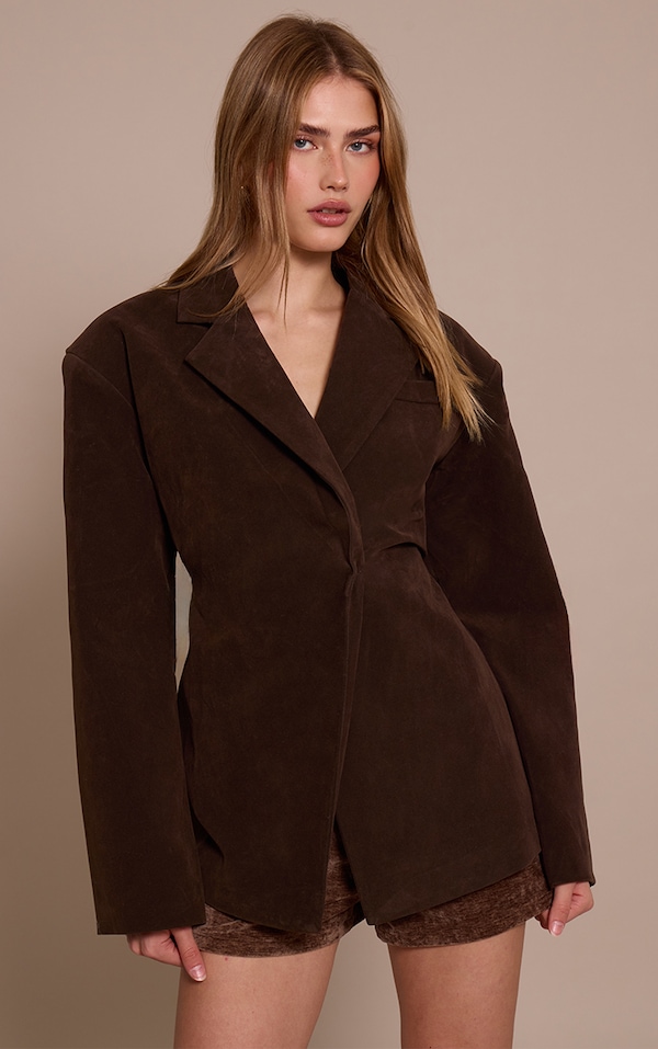 Blazer en suédine chocolat à taille cintrée