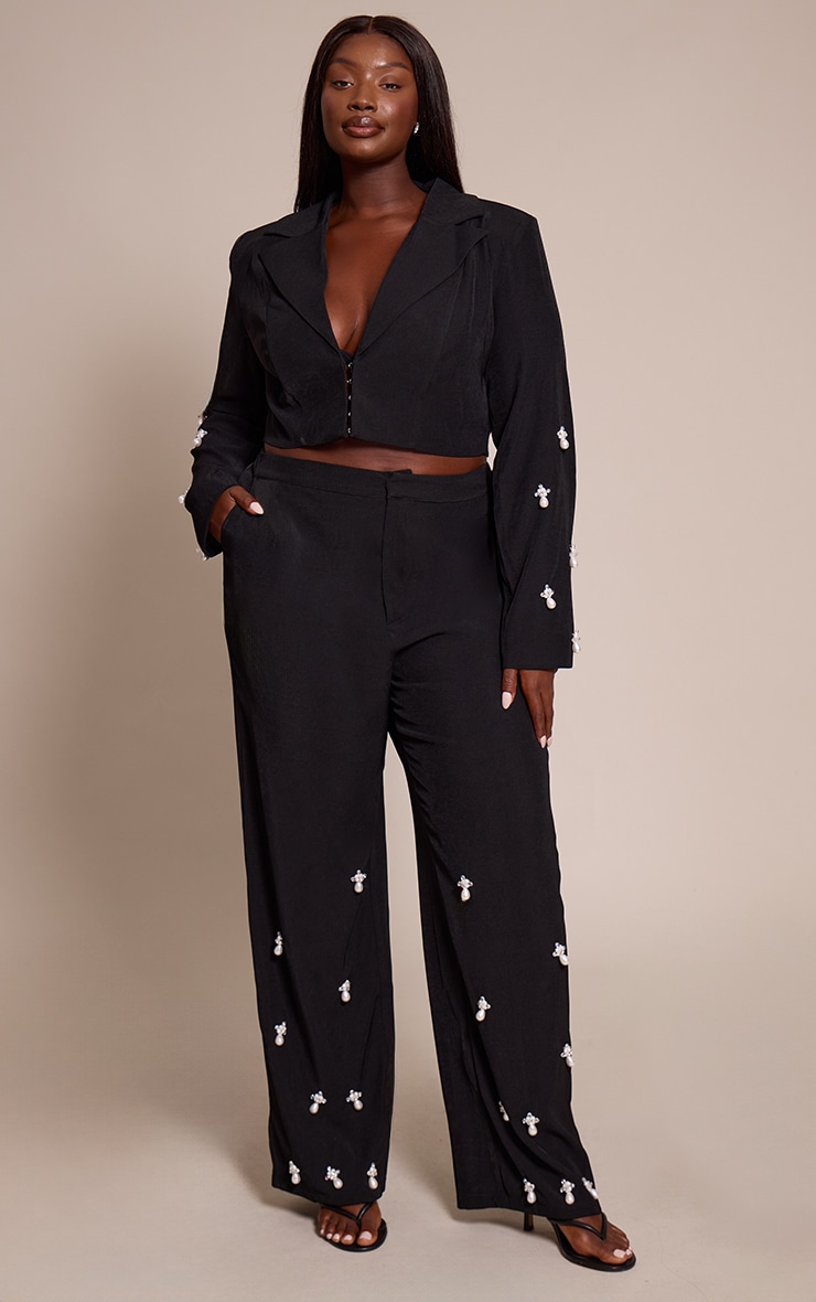 Plus Black Woven Embellished High Waist Wide Leg Pant image 1