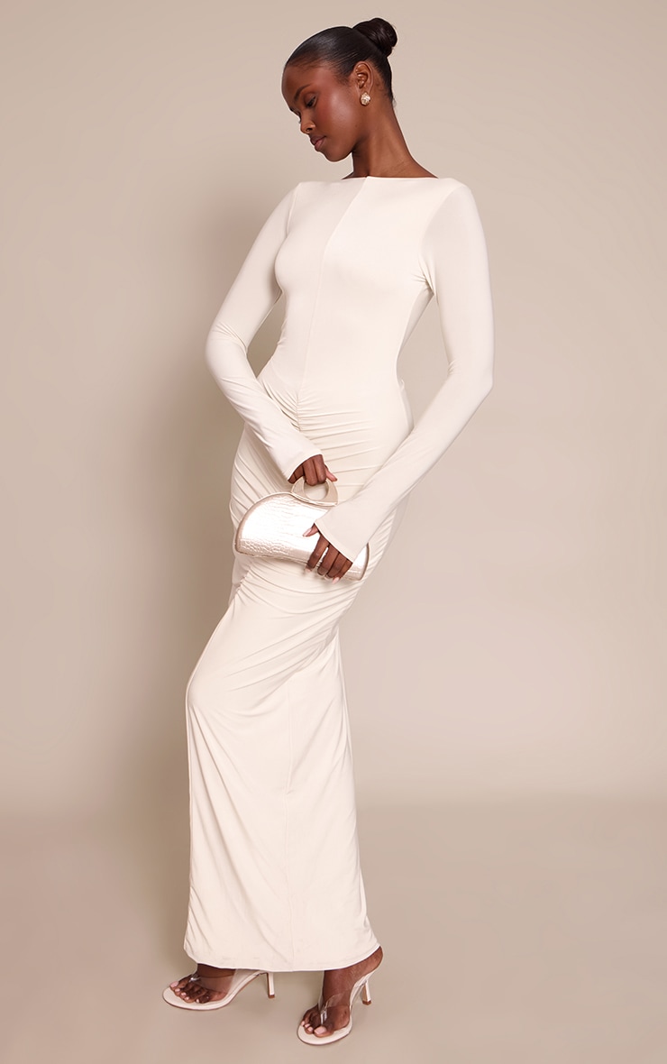 Cream Slinky Ruched Low Back Maxi Dress image 3