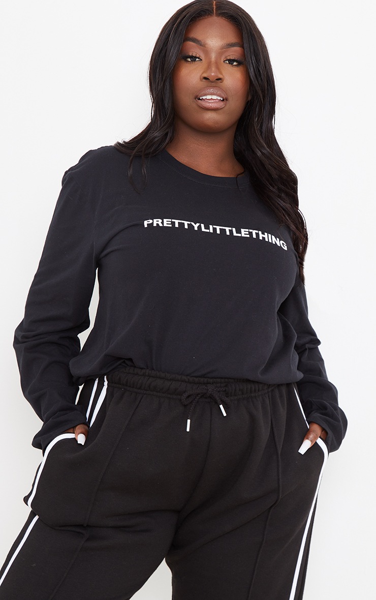 PRETTYLITTLETHING Plus Black Slogan Print Long Sleeve T-Shirt