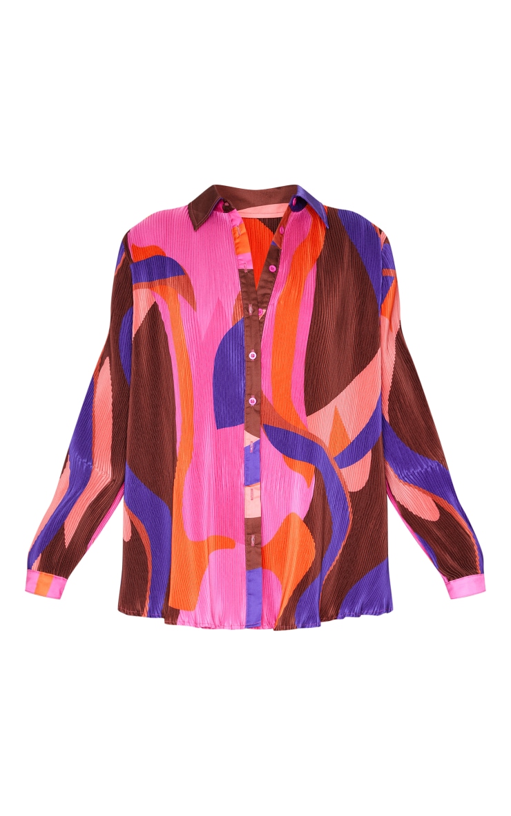 Pink Print Plisse Button Front Oversized Shirt image 5