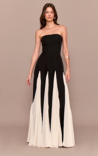 Robe bustier longue noire plissée à parties contrastantes en mousseline de soie