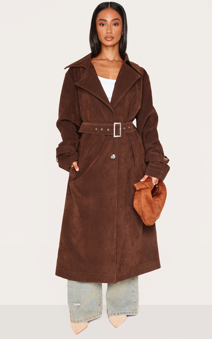 Petite Chocolate Faux Suede Belted Trench Coat image 1