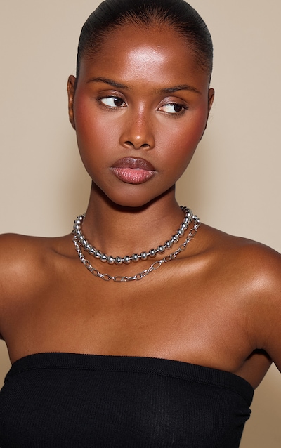 Silver Beaded Layered Chain Necklace