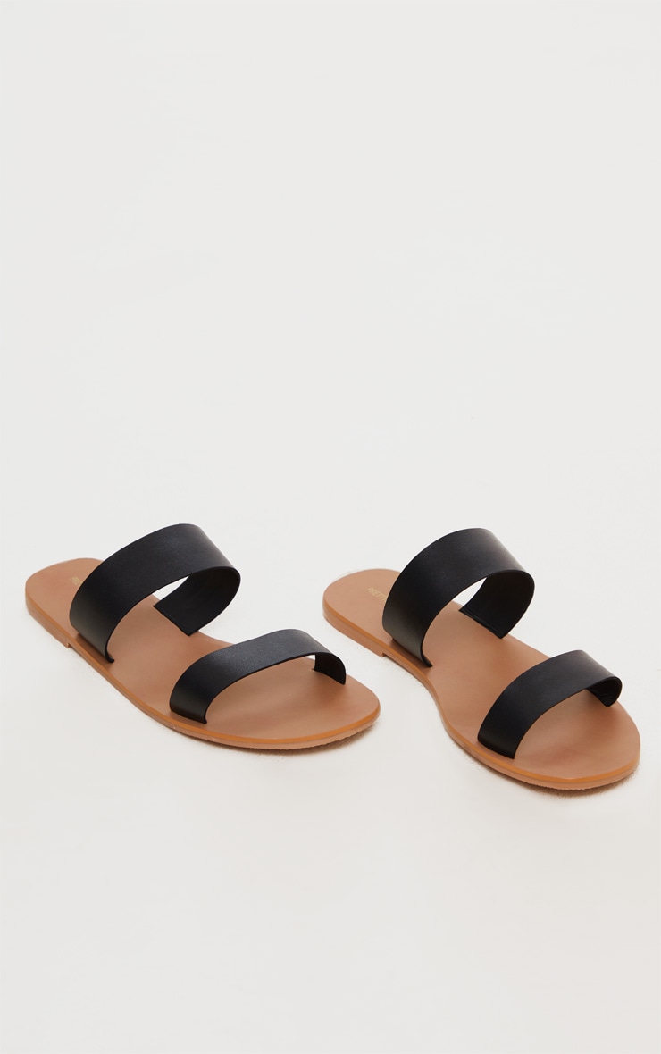 Black Wide Fit Leather Twin Strap Sandal