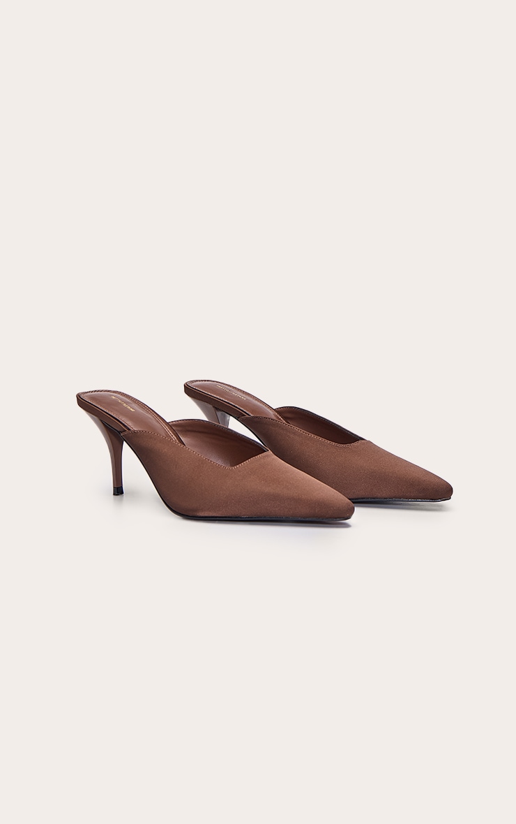 Chocolate Satin Squared Chiseled Toe Court Mules image 3