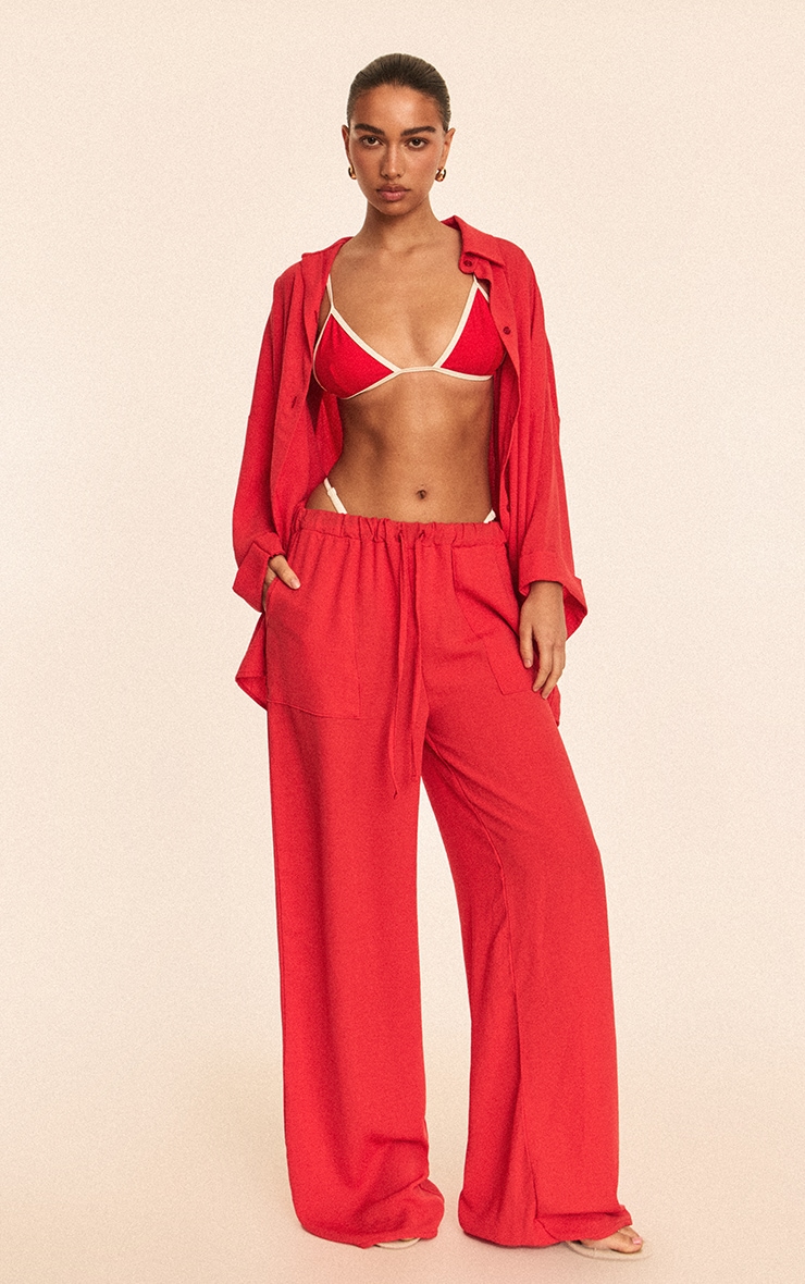 Pantalon de plage fluide en effet lin rouge à cordons ajustables image 1