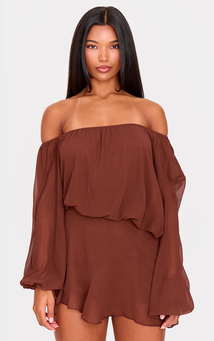 Chocolate Chiffon One Shoulder Floaty Detail Skort Playsuit image 3