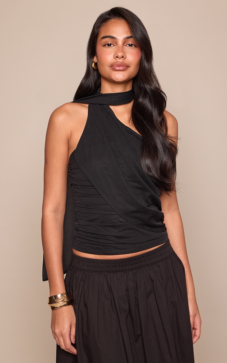 Black Stretch Chiffon Scarf Detail Longline Top