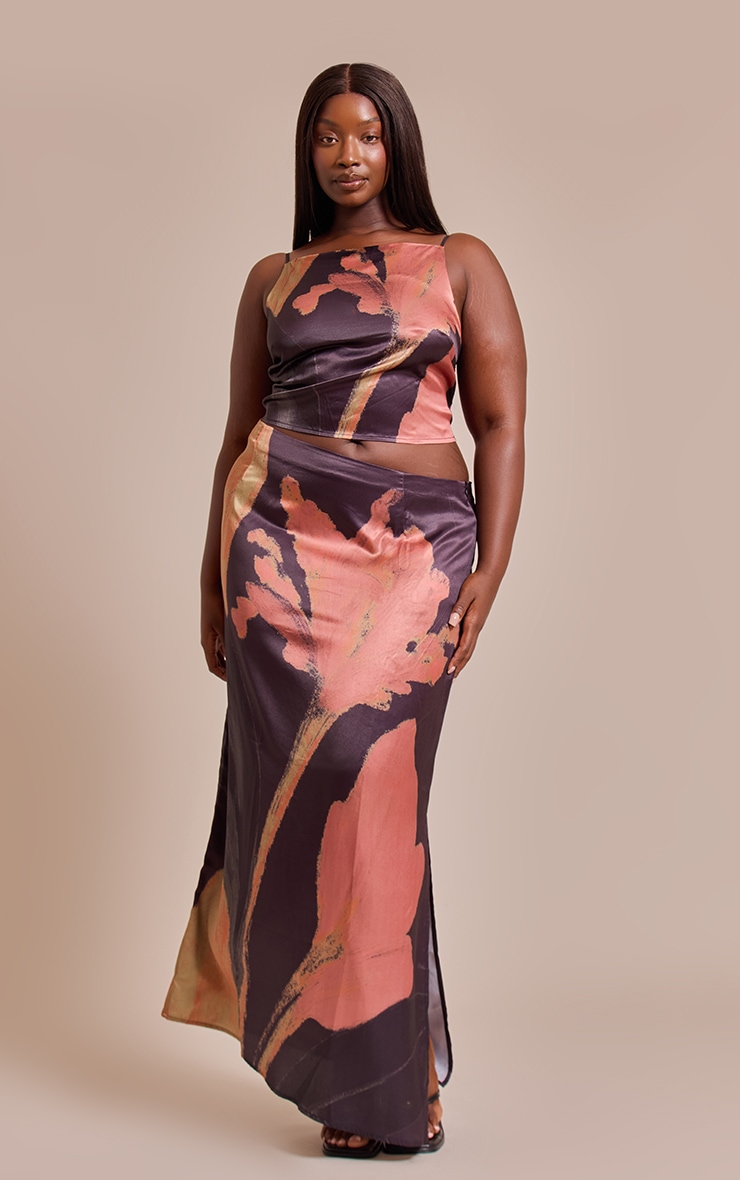 Plus Black Floral Printed Satin Strappy Top image 3