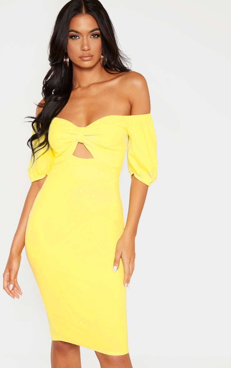 Lemon Puff Sleeve Knot Front Midi Dress