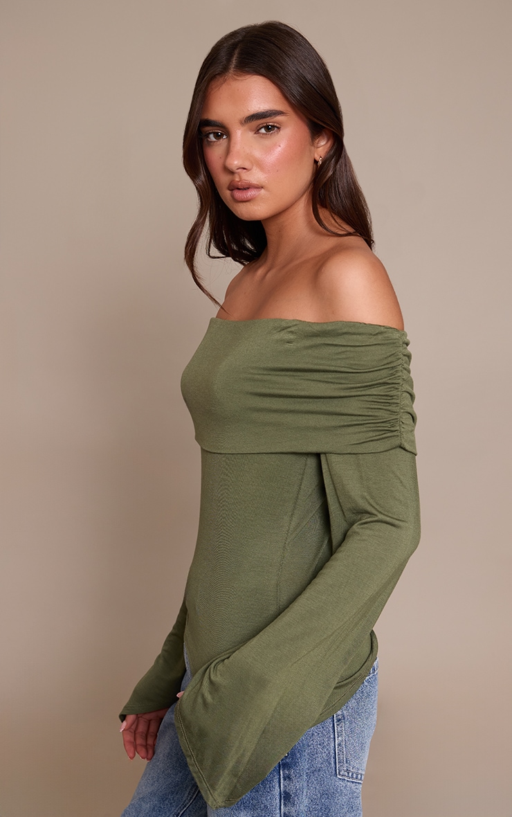 Dark Olive Jersey Fold Over Detail Long Sleeve Top image 4