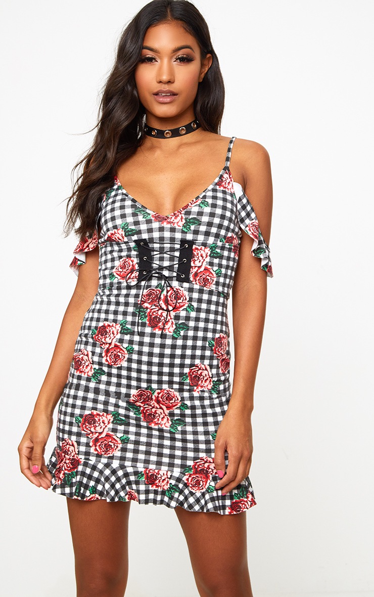 Black Floral Gingham Corset Detail Bodycon Dress PrettyLittleThing