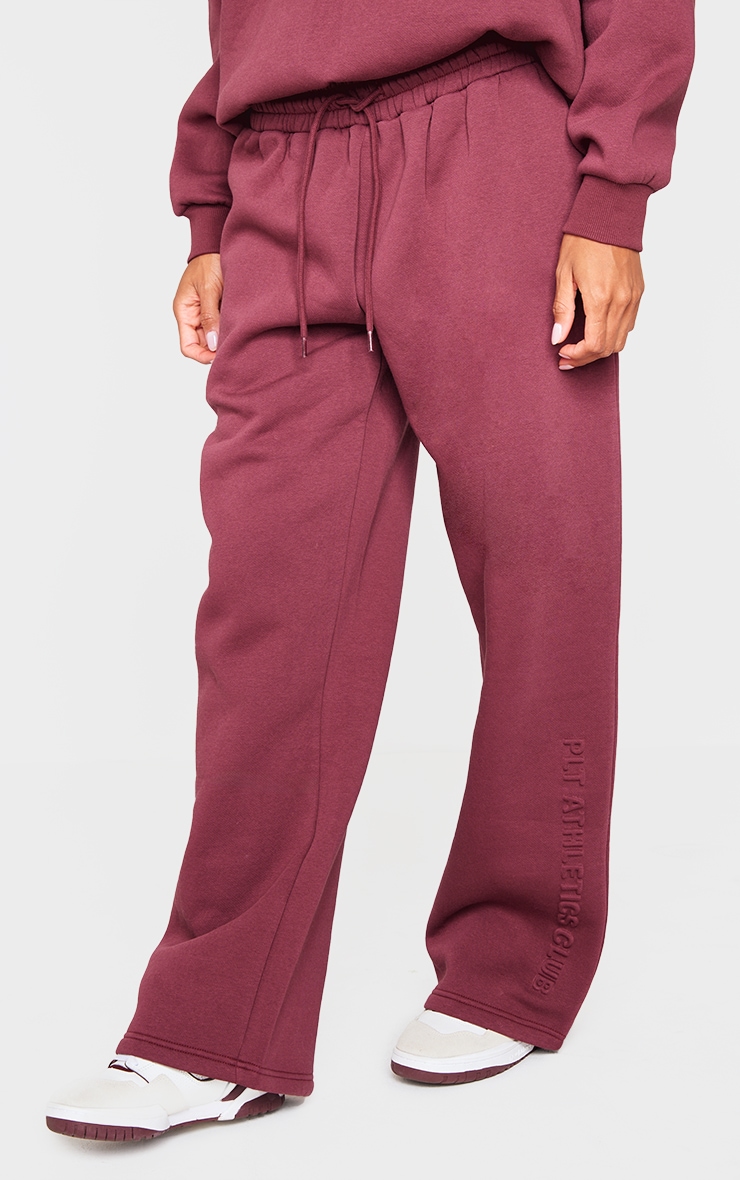 PRETTYLITTLETHING Burgundy Athletics Club Embossed Straight Leg Sweatpants image 2