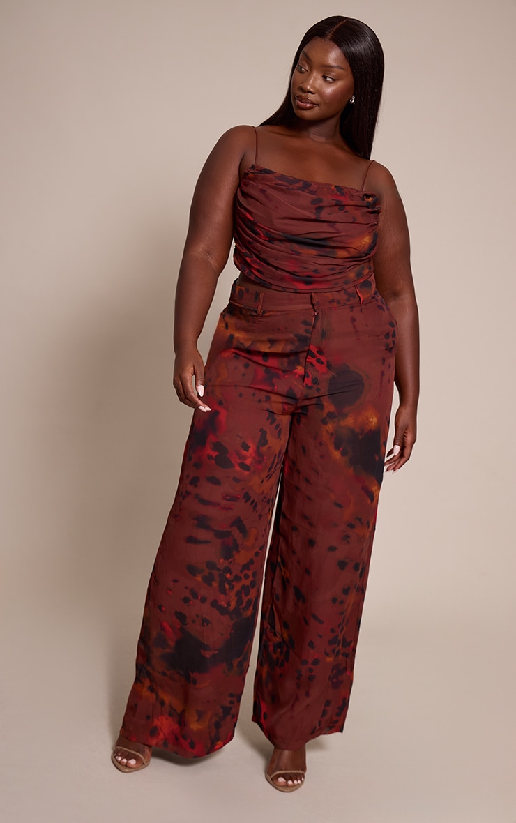 Plus Brown Printed Chiffon High Waisted Wide Leg Pants image 1