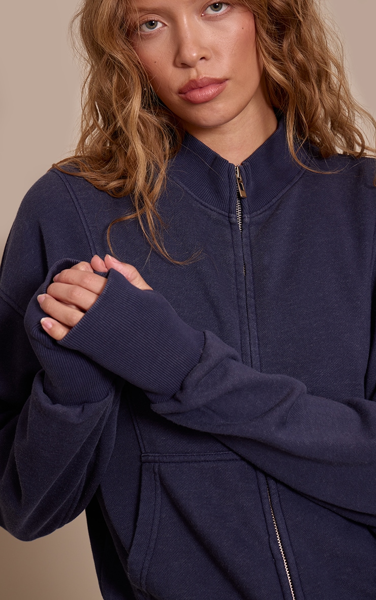 Navy Acid Wash Funnel Neck Zip Sweatshirt image 4