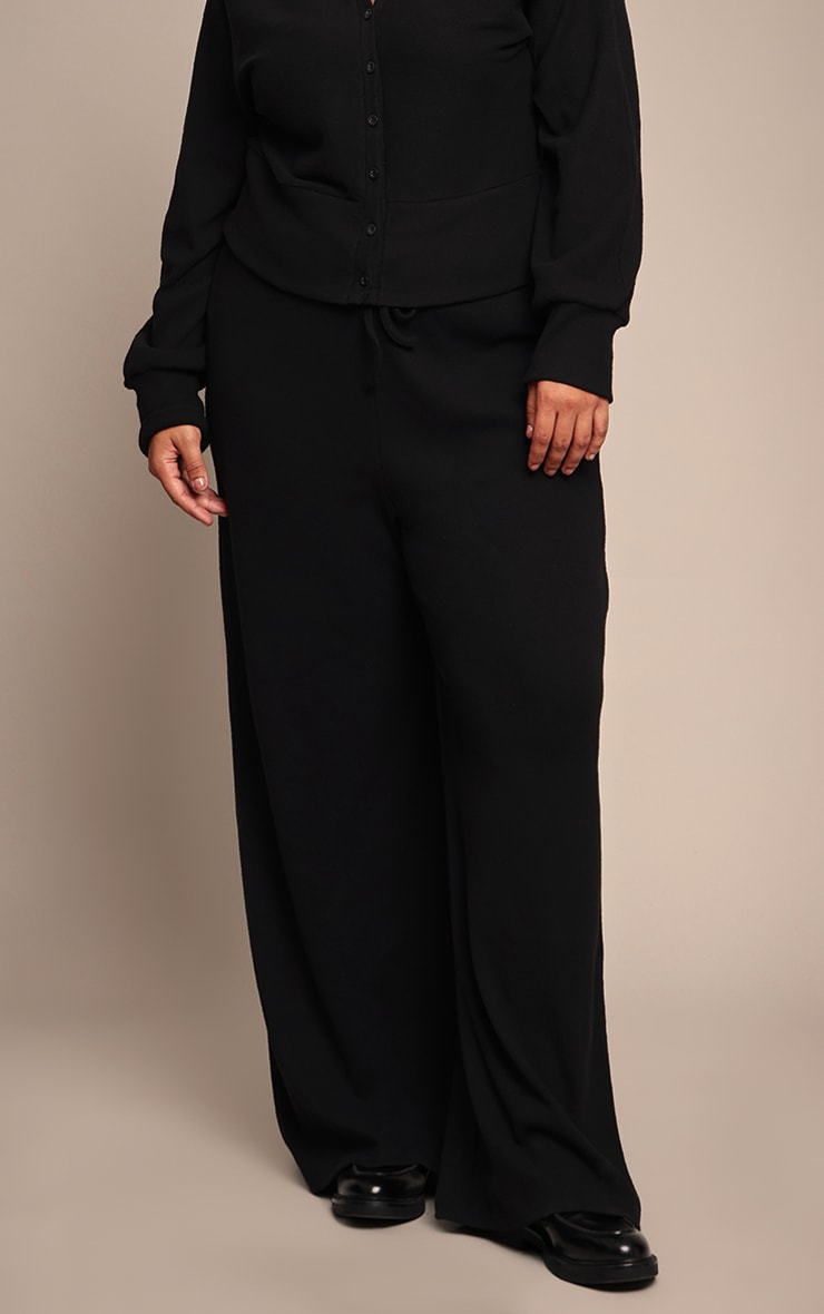 Plus Black Soft Ribbed Low Rise Wide Leg Trousers image 2