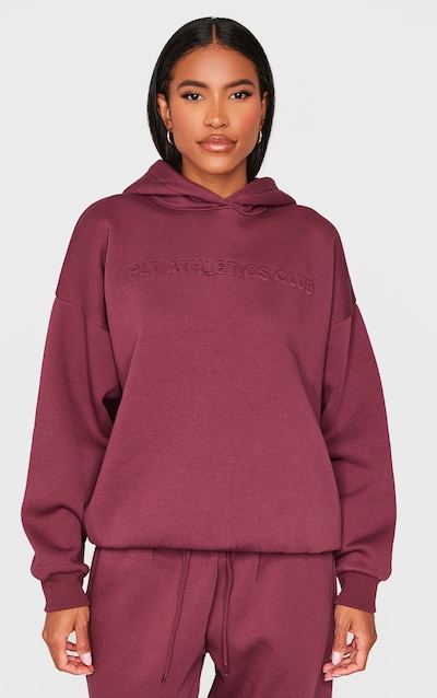PRETTYLITTLETHING Burgundy Athletics Club Embossed Graphic Oversized Hoodie