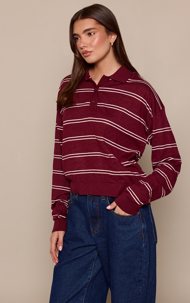 Burgundy Long Sleeve Striped Knitted Polo Jumper