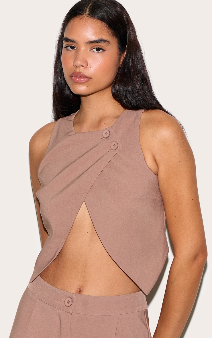 Tall Taupe Asymmetric Button Detail Vest image 1