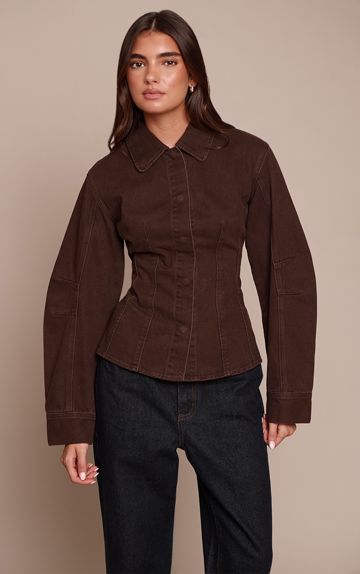 Chocolate Balloon Sleeve Cinched Denim Shirt image 1