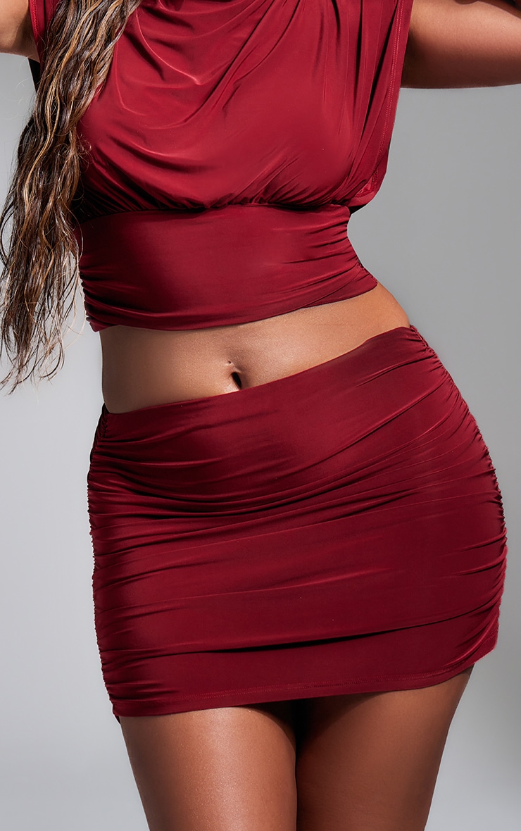 Burgundy Slinky Ruched Micro Mini Skirt image 4
