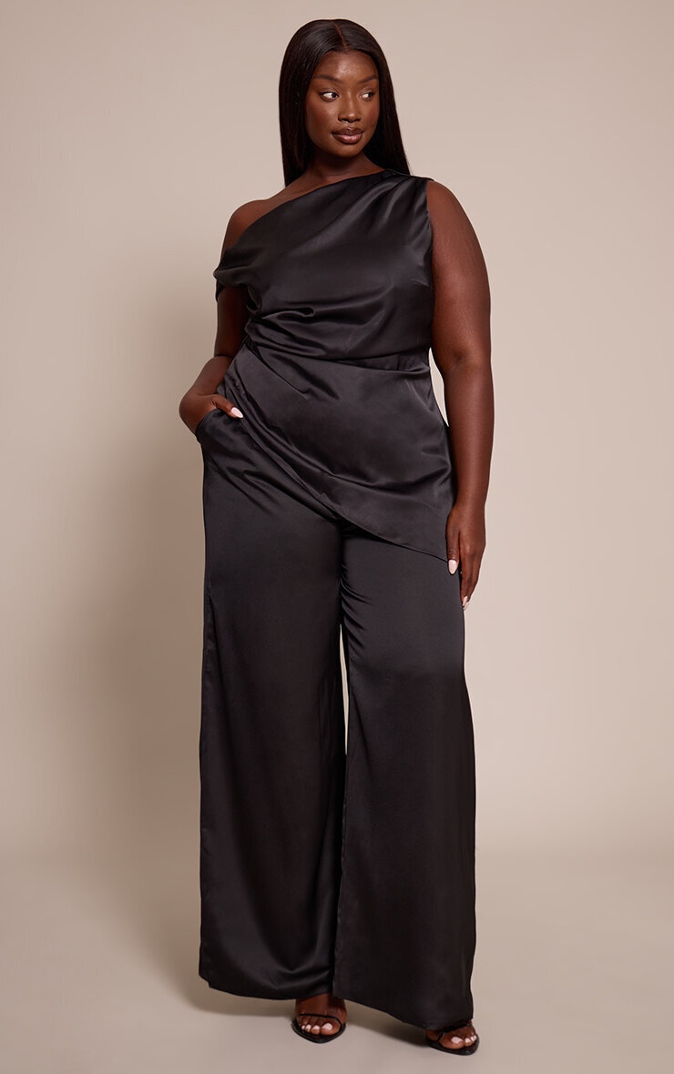 Plus Black Satin High Waisted Wide Leg Pants