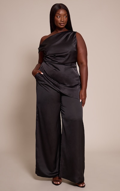 Plus Black Satin High Waisted Wide Leg Pants