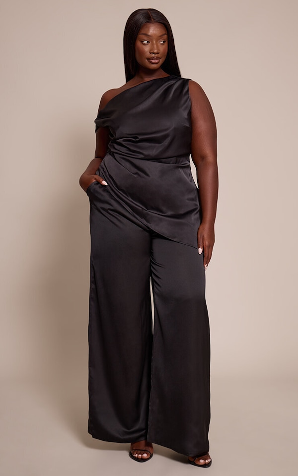 Plus Black Satin High Waisted Wide Leg Pants