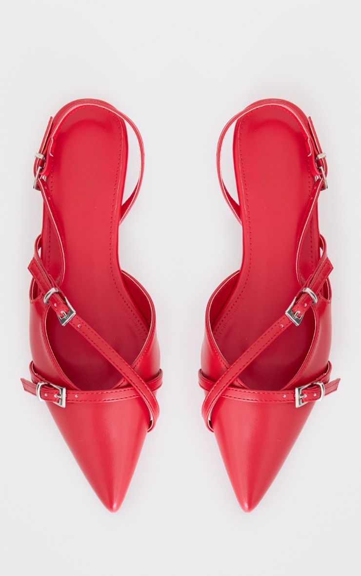 Red Pu Point Toe Buckle Detail Flats image 3