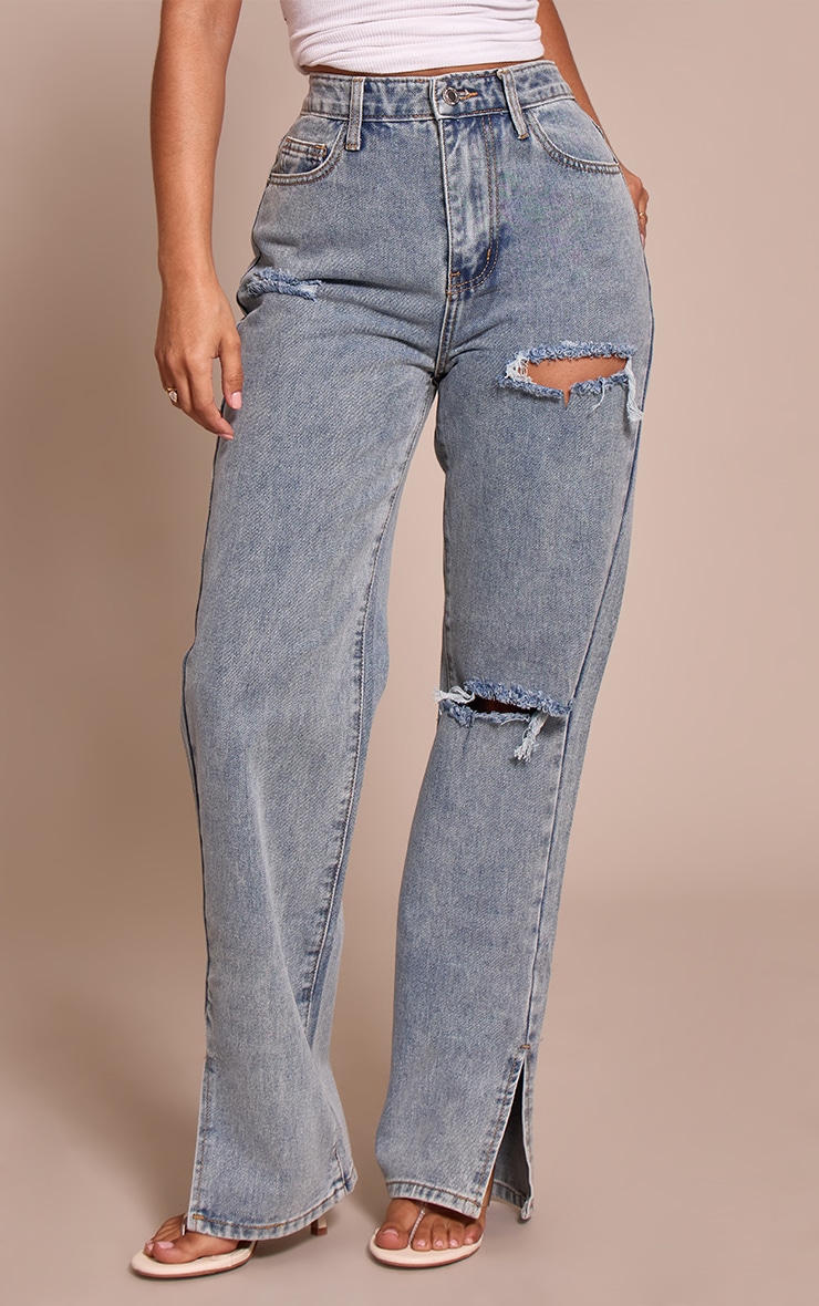 Petite Bleach Wash Ripped Split Hem Jeans image 2