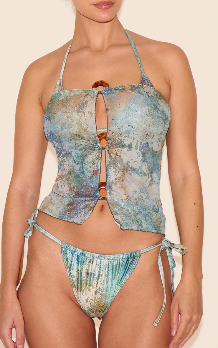 Green Mottled Print O Ring Detail Bandeau Beach Top image 4