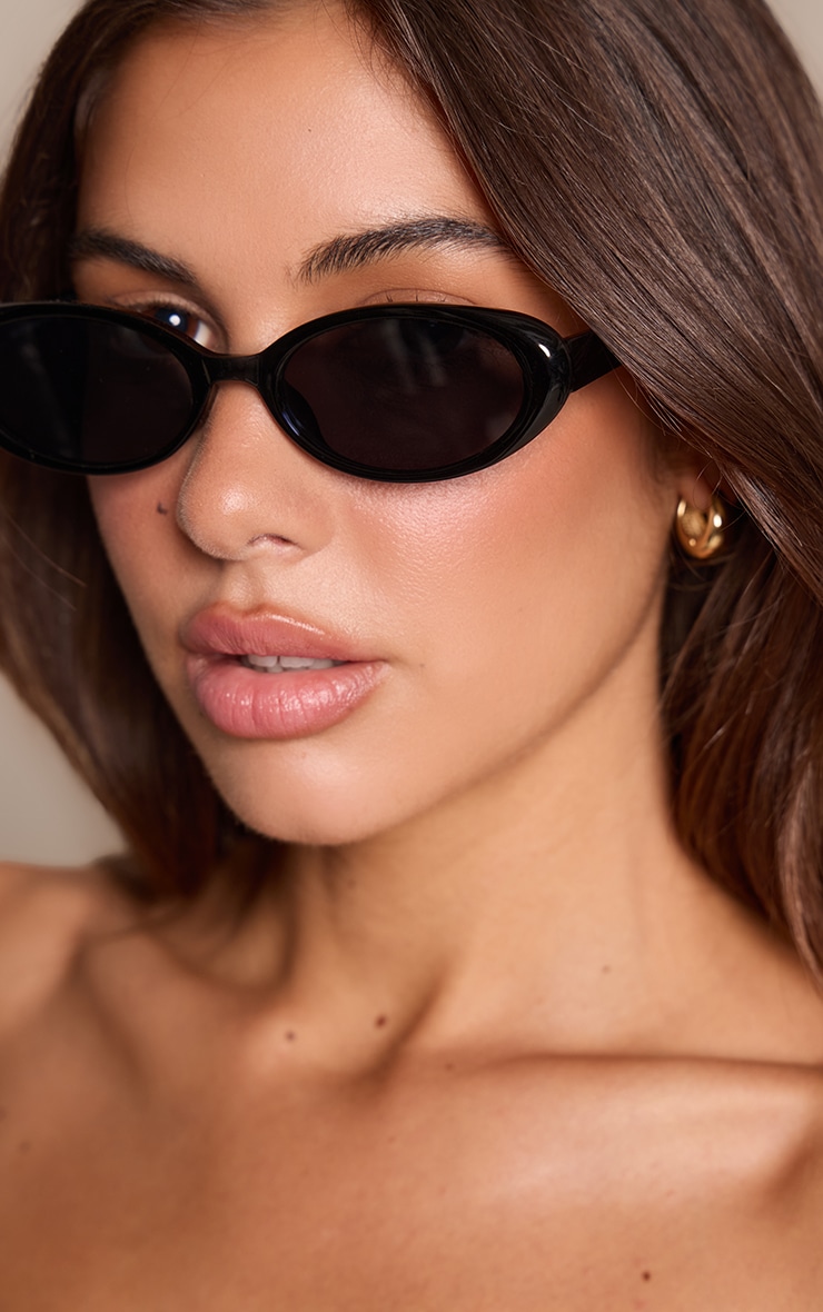 Black Slim Oval Cat Eye Sunglasses