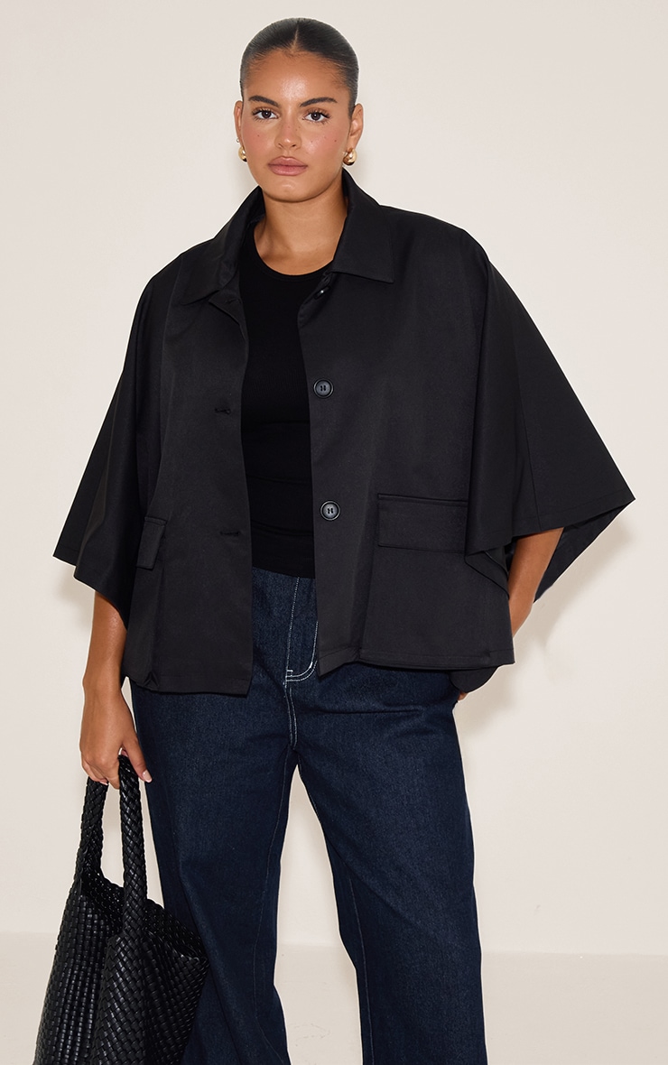 Plus Black Batwing Cropped Trench Style Jacket image 1