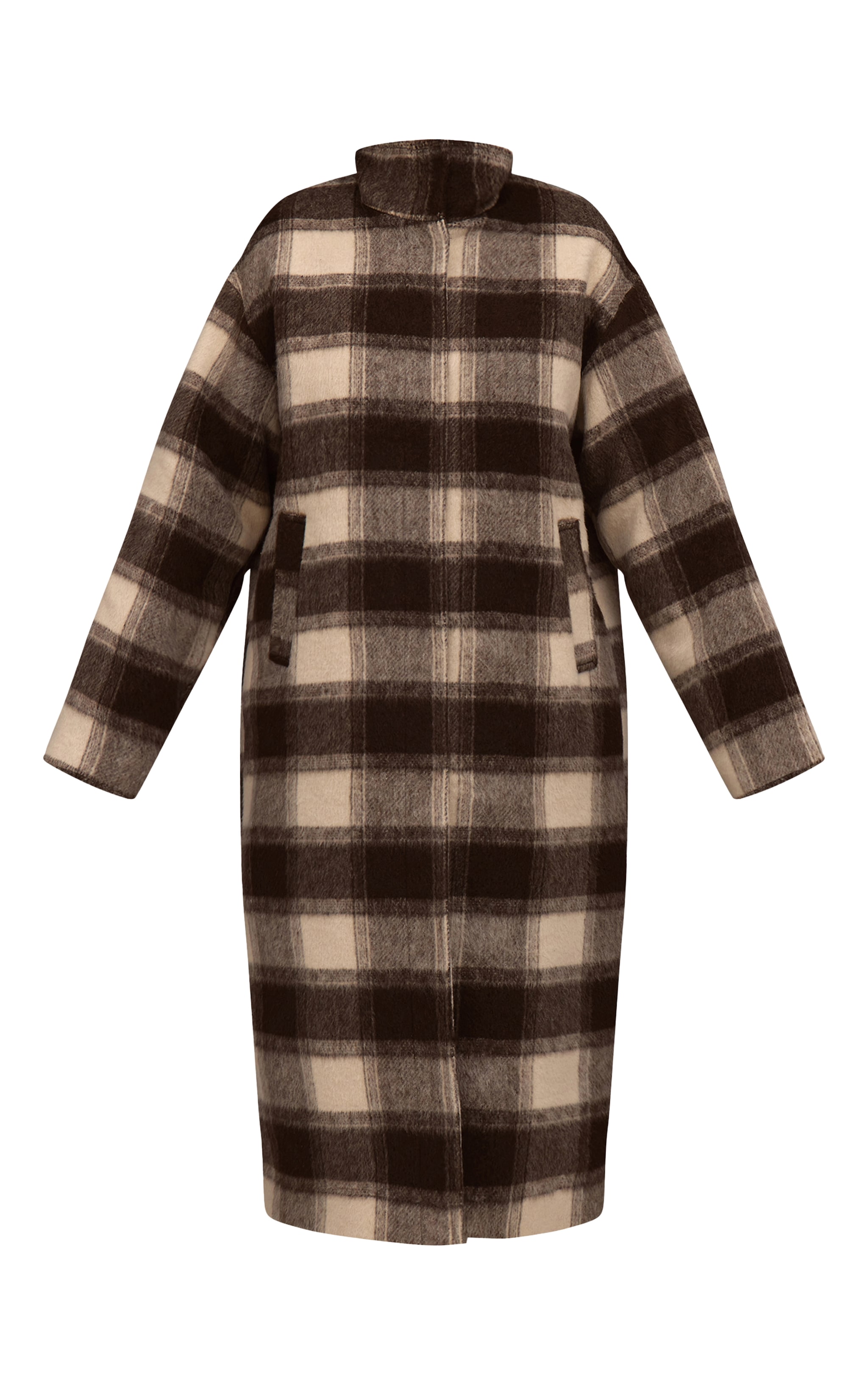 Manteau long en effet laine à carreaux et col entonnoir image 5