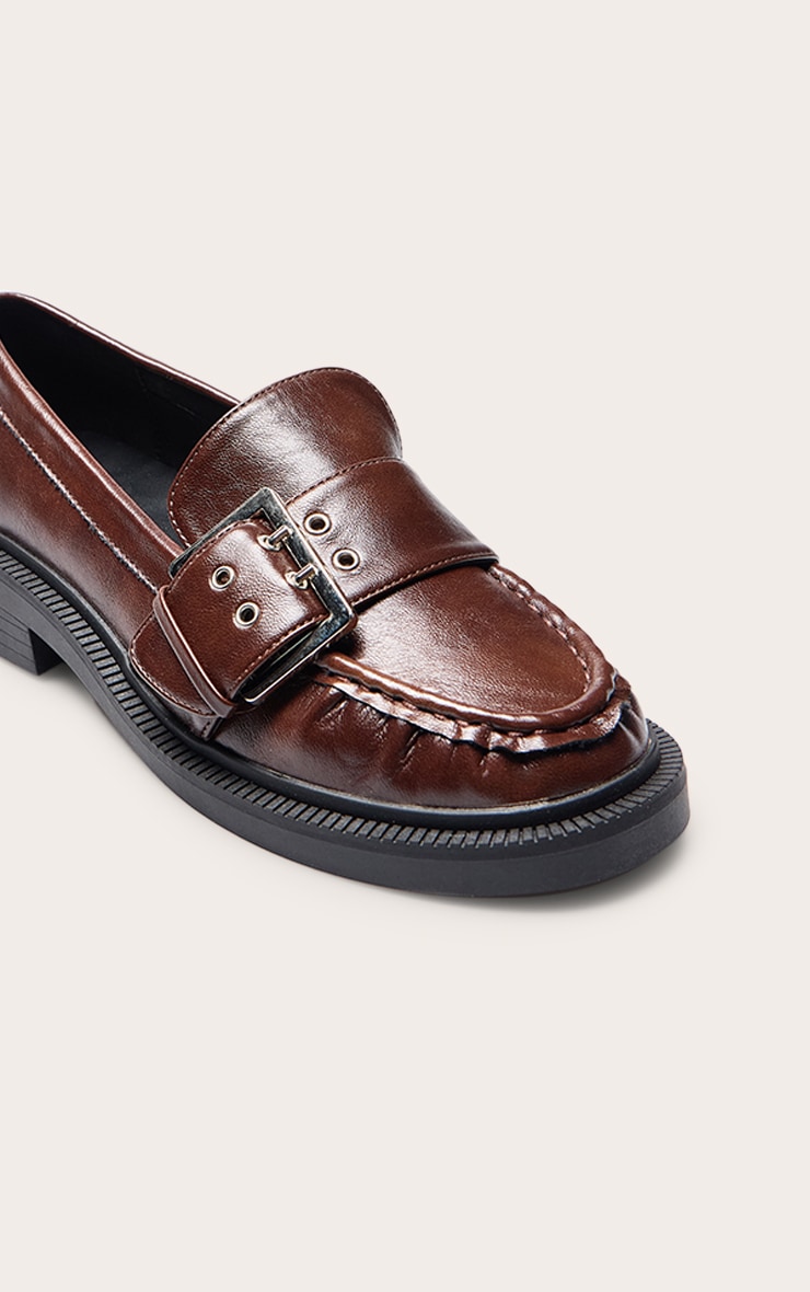 Chocolate Crinkle PU Buckle Detail Loafers image 5