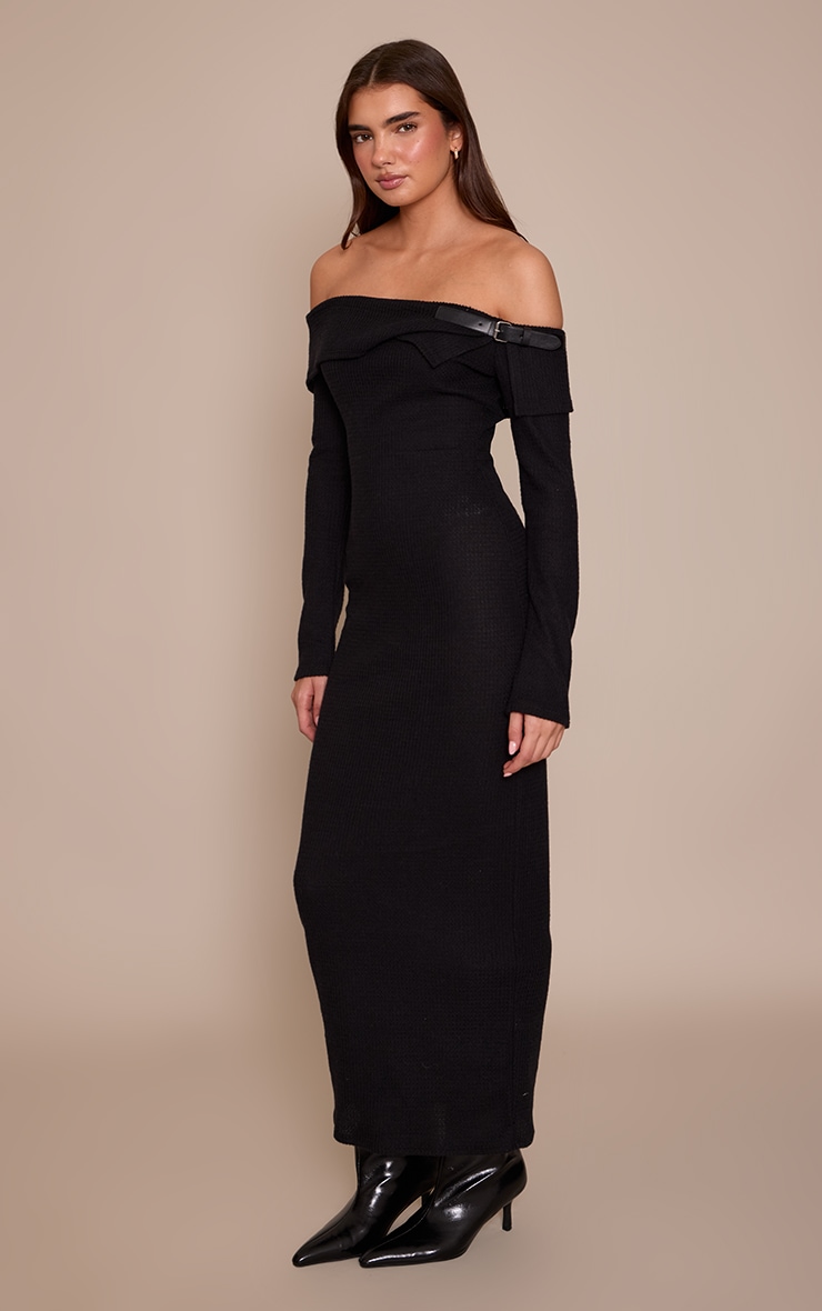 Black Textured Bardot Belt Detail Maxi Dress image 3