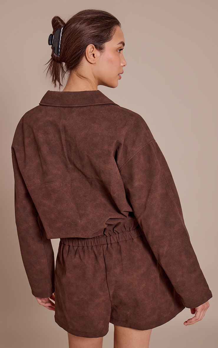 Chocolate Faux Suede Zip Up Romper image 2