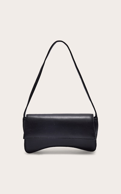 Black PU Flap Over Baguette Shoulder Bag