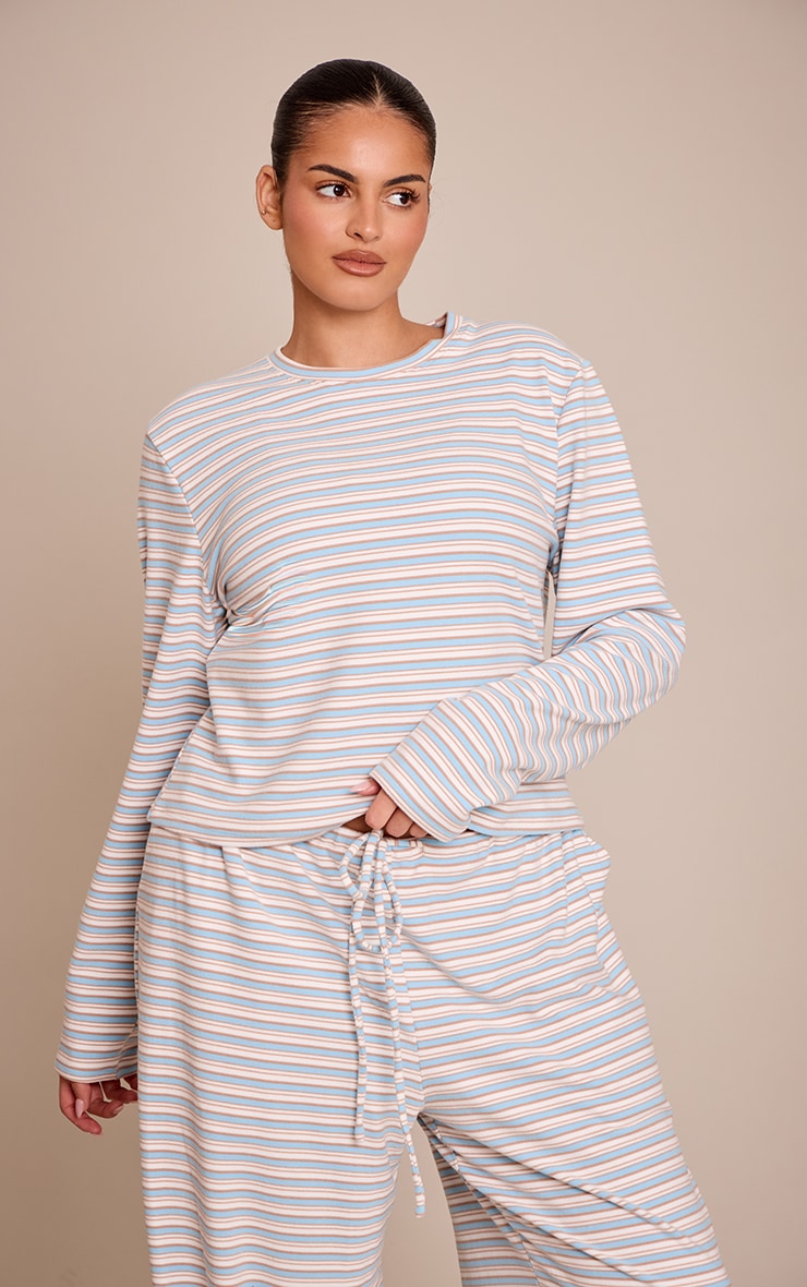 Plus Light blue Striped Soft Fleece Long Sleeve Top image 4