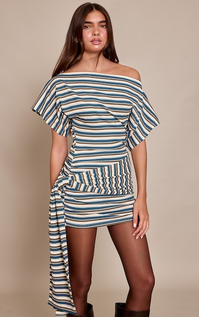 Khaki Contrast Striped Tie Waist Bodycon Dress