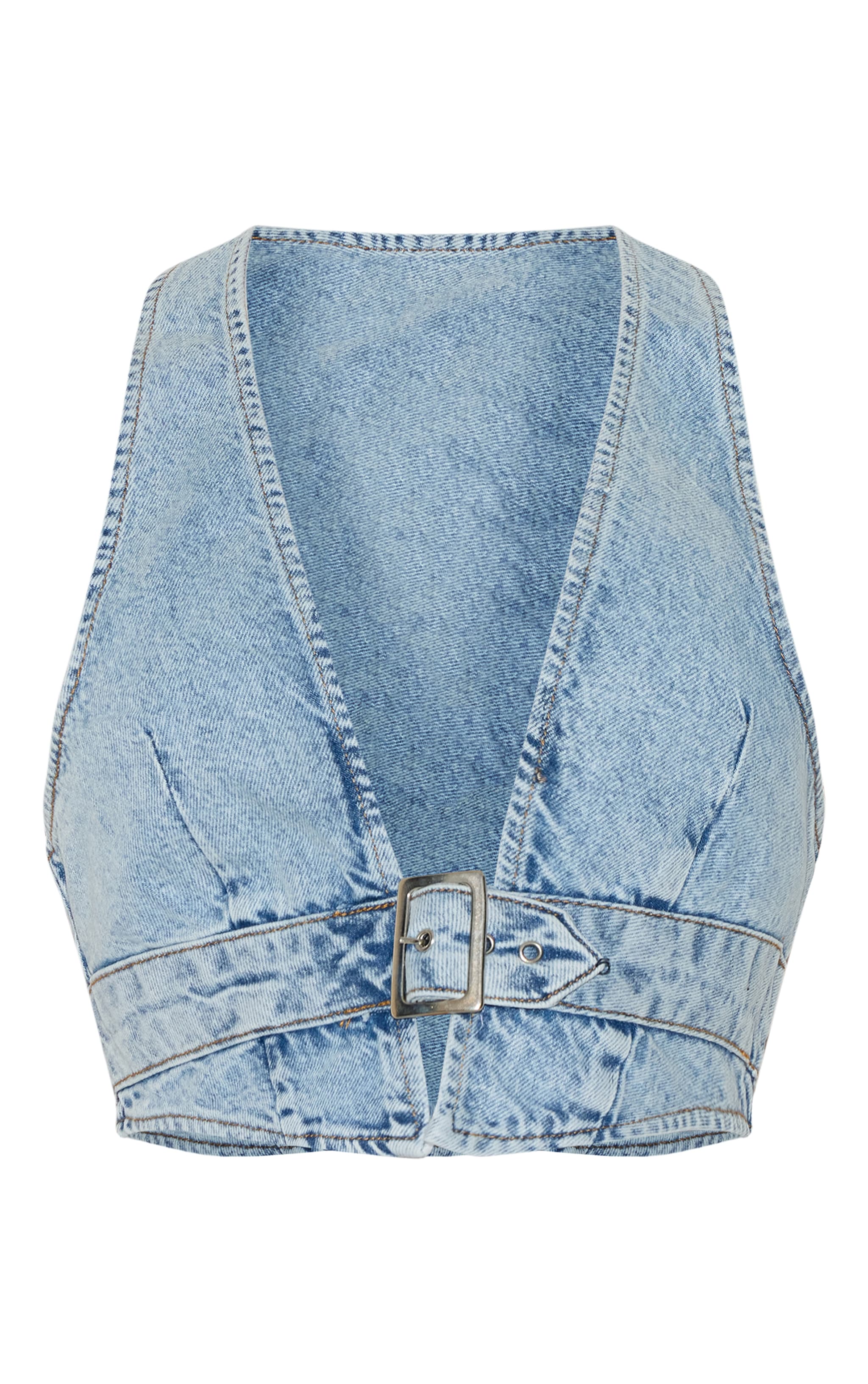 Top en jean bleu clair délavé à boucle devant et dos nu image 5