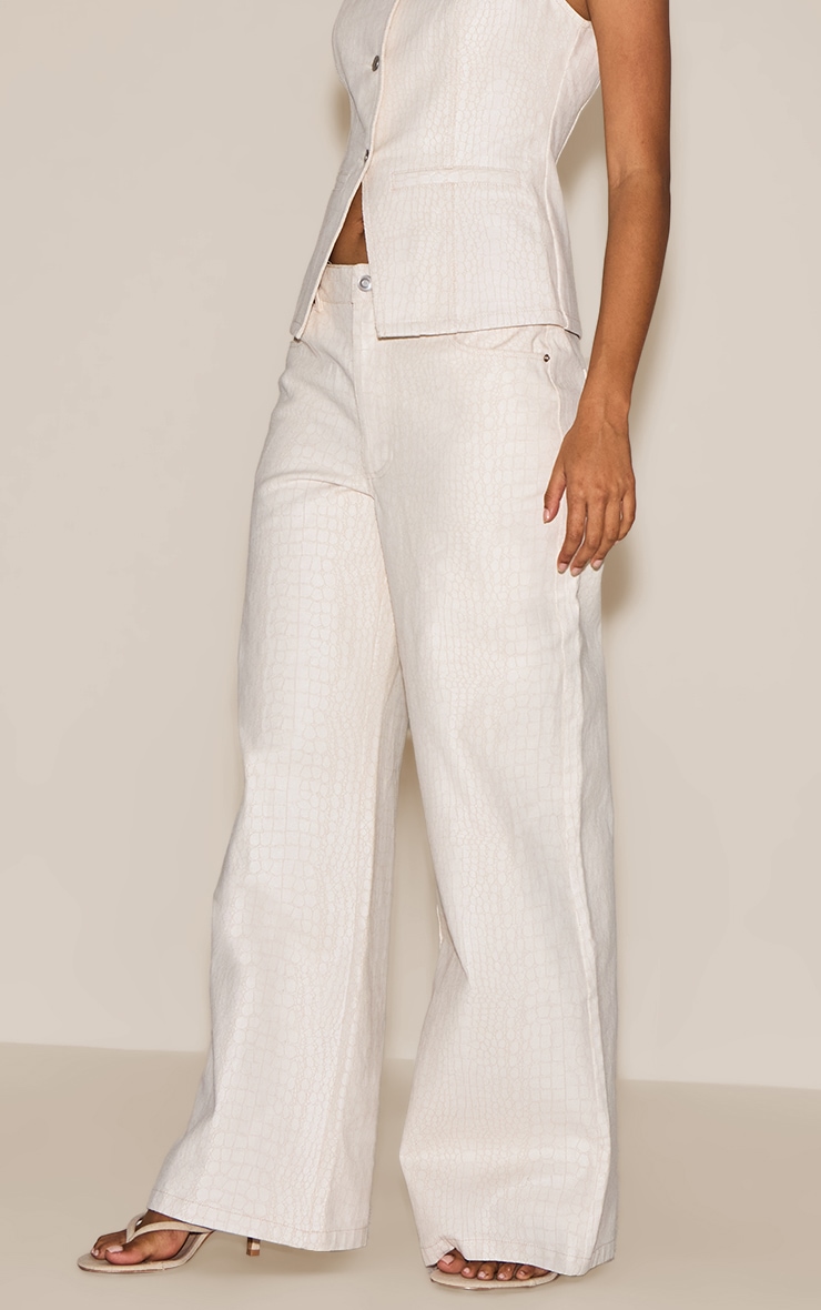 Cream Snake Print Mid Waist Straight Leg Coated Jeans image 2