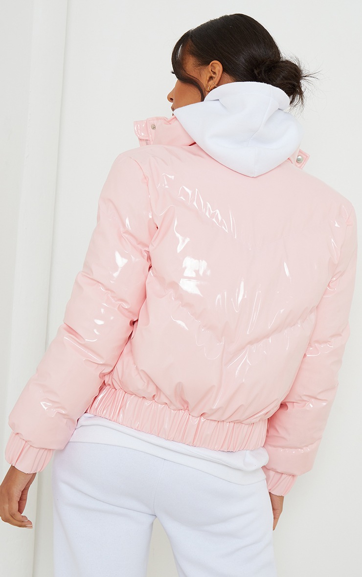 Pink Vinyl Longline Panel Puffer Jacket PrettyLittleThing