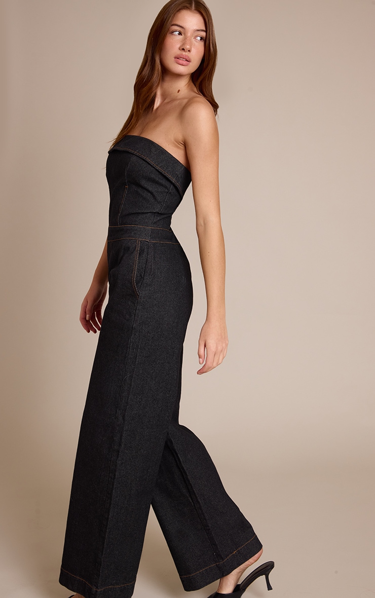Combinaison bustier en jean indigo foncé délavé à bordure repliée image 3