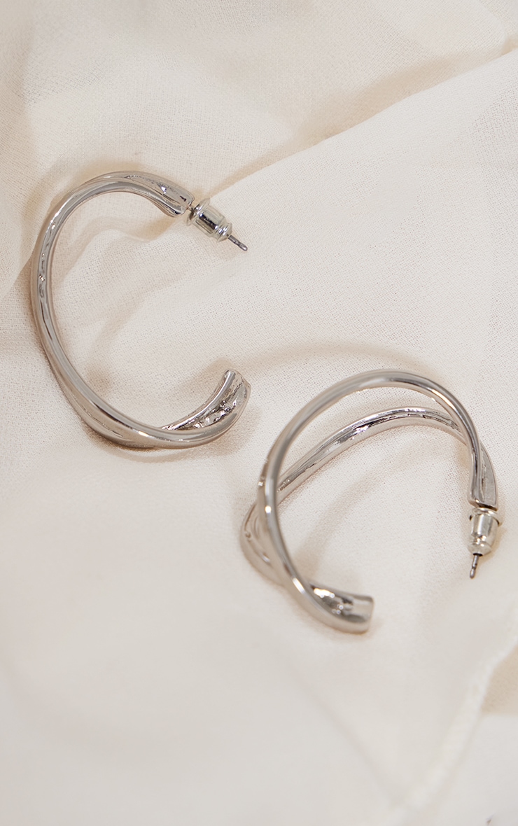 Silver Double Abstract Hoop Earrings image 3