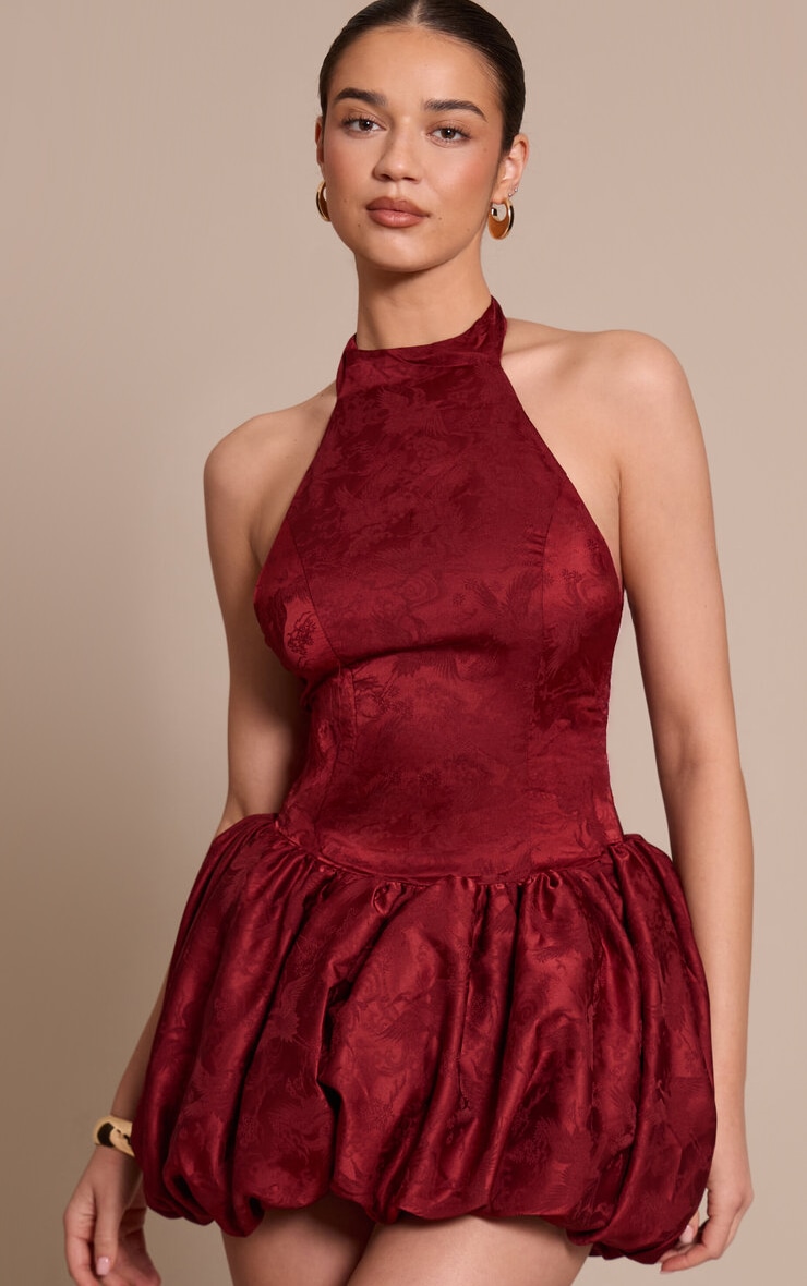 Burgundy Woven Jacquard Halterneck Puffball Dress image 1