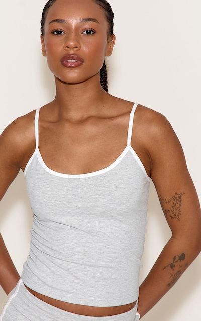 Petite Ash Grey Sculpt Contrast Detail Strappy Gym Top