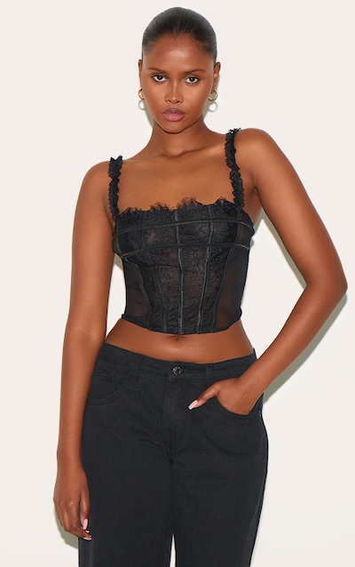 Corset en mesh noir à armatures et ourlet dentelle